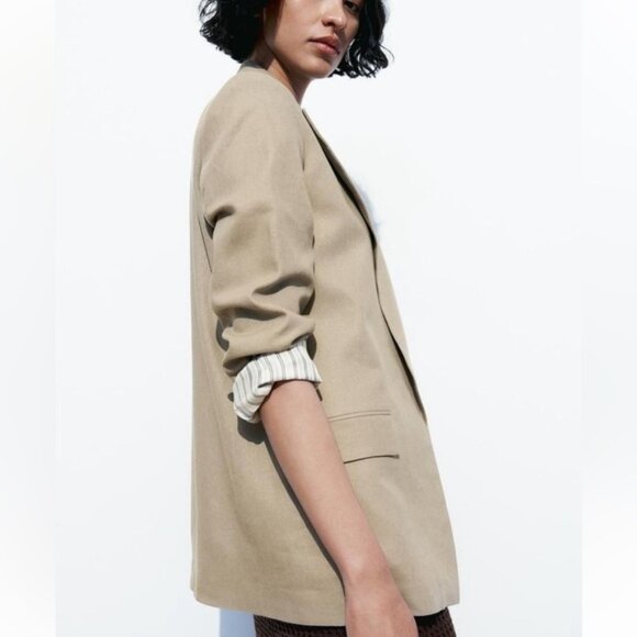 Zara Linen Blend Roll Up Sleeve Open Blazer with Striped Lining Small - Picture 5 of 5